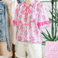 Purple Coquette Floral Bow Printed Contrast Ruffled Short Sleeve Blouse