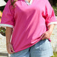 Pink Contrast Trim Collared Split Neck Short Sleeve Plus Size Top