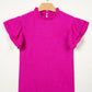 Rose Red Solid Color Textured Ruffle Trim Short Sleeve Blouse