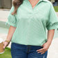 Mint Green Plus Size Striped Print Collar V Neck Short Sleeve Blouse