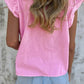 Bonbon Lace Detail Flutter Sleeve Pleated Round Neck Blouse