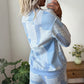Sky Blue Patchwork Floral Print Drop Shoulder Baggy Pullover Drawstring Shorts Set