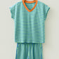 Yellow Stripe Colorblock Trim V Neck Tee Drawstring Elastic Waist Short Set