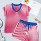 Yellow Stripe Colorblock Trim V Neck Tee Drawstring Elastic Waist Short Set