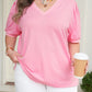 Bonbon V Neck Pleated Short Puff Sleeve Plus Size Blouse