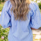 Sky Blue Summer Plaid V Neck Puff Sleeve Blouse