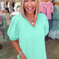 Mint Green Solid Color V Neck Short Puff Sleeve Blouse