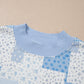 Sky Blue Patchwork Floral Print Stand Neck Long Sleeve Two-piece Outfit Plus Size Set