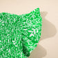 Green Floral Flutter Sleeve Shirred Notched Neck Plus Size Blouse