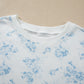 Sky Blue Floral Print Striped Detail Long Sleeve Top Ruffle Hem Shorts 2pcs Set