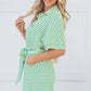 Green Stripe Textured Short Sleeve Collared Buttoned Waist Tie Romper