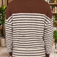 Brown Stripe Contrast Trim Button Neck Long Sleeve Top Drawstring Mini Skirt Set
