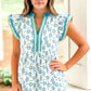 Green Sunflower Printed Contrast Trim V Neck Flutter Sleeve Blouse
