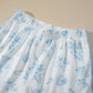 Sky Blue Floral Print Striped Detail Long Sleeve Top Ruffle Hem Shorts 2pcs Set