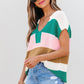 Pink Color Block Notch V Neck Sweater T Shirt