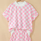 Pink Checkered Print Color Block Trim Mock Neck Short Set