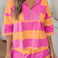 Pink Half Zipper Placket Bracelet Sleeve Top Casual Shorts Set