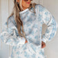 Sky Blue Floral Print Striped Detail Long Sleeve Top Ruffle Hem Shorts 2pcs Set