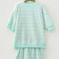 Green Stripe Ribbed Color Block Trim Half Sleeve Top Mini Skort 2pcs Outfit