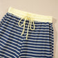 Blue Stripe Color Block Patchwork Zip V Neck Pullover Loose Pants 2pcs Set