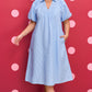 Sky Blue Stripe Shirred Detail Collar V Neck Plus Size Midi Dress