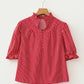 Blue Stripe Ruffled Short Puff Sleeve Button Front Blouse