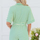 Green Stripe Textured Short Sleeve Collared Buttoned Waist Tie Romper