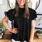 Rose Red Solid Color Textured Ruffle Trim Short Sleeve Blouse