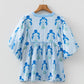 Sky Blue Floral Print Tie Neck Puff Sleeve Blouse