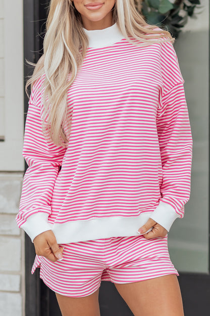 Sky Blue Stripe Oversize Mock Neck Sweatshirt and Shorts Set