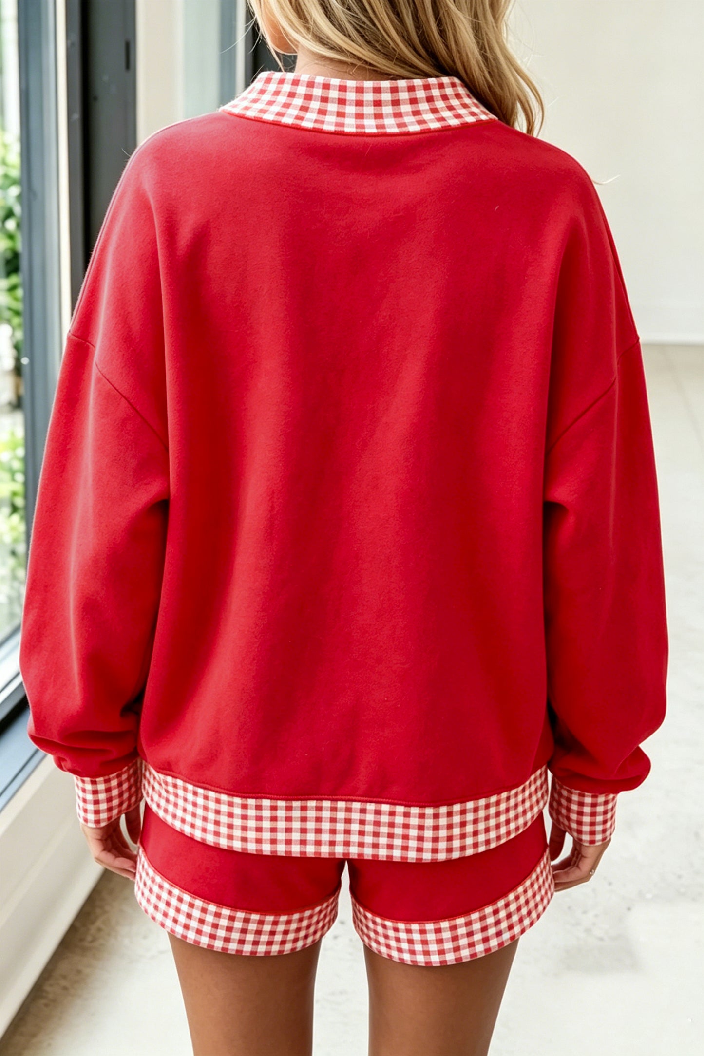 Carrot Gingham Trim Baggy Pullover 2pcs Short Set