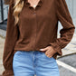Coffee Solid Color Ruffle Trim V Neck Long Sleeve Button Corduroy Shakcet