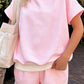 Pink Stripe Cuffed Sleeve Contrast Mock Neck Tee Casual 2pcs Short Set