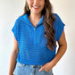 Sky Blue Solid Color Hollowed Knit Short Sleeve Zipper Collar Knitwear Top
