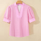 Pink Stripe Color Block Detail Split Neck Short Sleeve Blouse