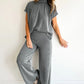 Burgundy Twisted Ribbed High Neck Loose Tee Elastic High Waist Loose Pant Set