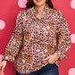 Brown Plus Size Leopard Frilled Stand Neck Blouse