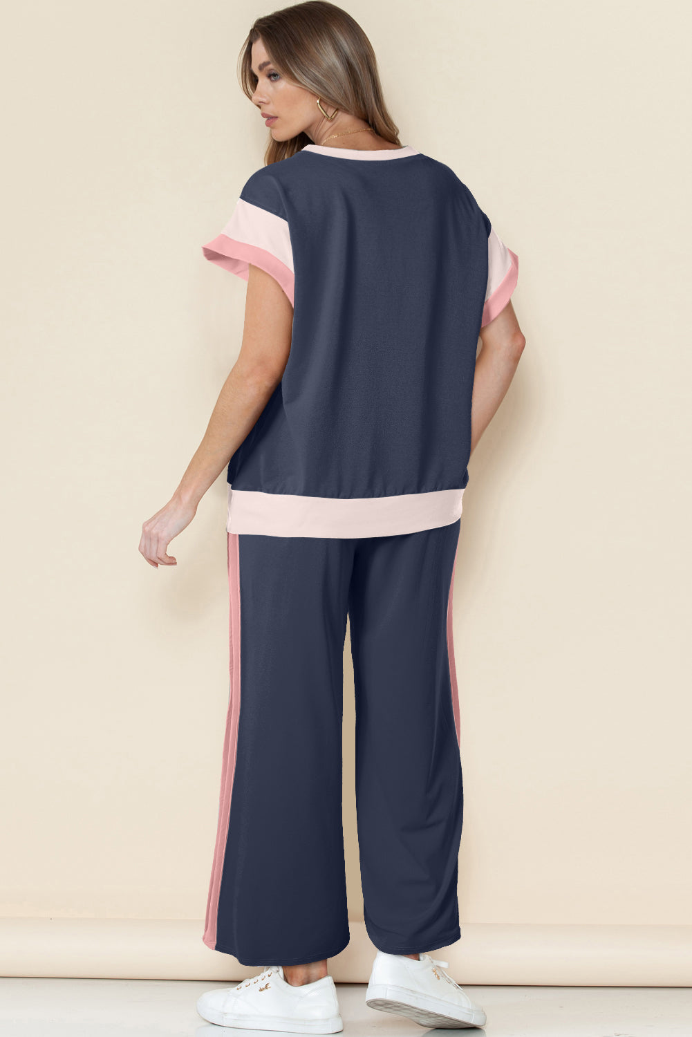 Navy Blue Color Block Detail Casual Two-piece Set