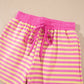 Rose Red Striped Long Sleeve Zip-Up Hoodie Drawstring Elastic Waist 2pcs Short Set