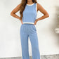 Sky Blue Colorblock Trim Cropped Tank Elastic Waist Shift Pants 2pcs Set