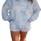 Sky Blue Patchwork Floral Print Stand Neck Long Sleeve Two-piece Outfit Plus Size Set