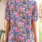 Purple Ditsy Floral Print Plaid Colorblock Trim V Neck Blouse