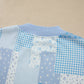 Sky Blue Patchwork Floral Print Drop Shoulder Baggy Pullover Drawstring Shorts Set