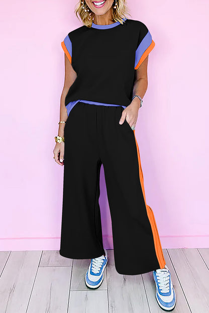 Navy Blue Color Block Detail Casual Two-piece Set