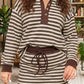 Brown Stripe Contrast Trim Button Neck Long Sleeve Top Drawstring Mini Skirt Set