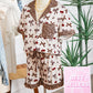 White Chic Bow Cherry Printed Leopard Contrast Patchwork Shirt Drawstring Shorts 2pcs PJ Set