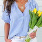 Sky Blue Summer Plaid V Neck Puff Sleeve Blouse
