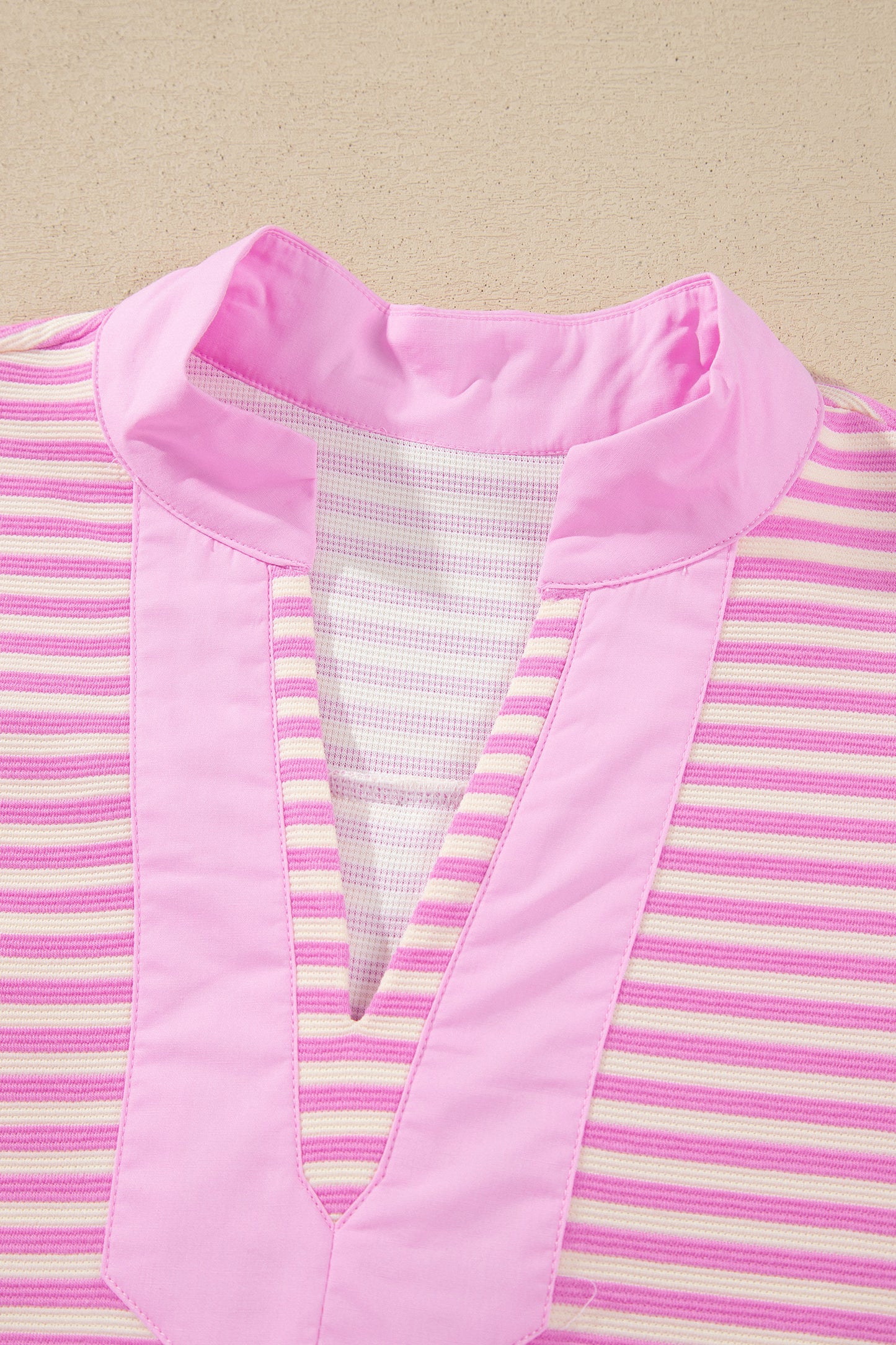 Pink Stripe Color Block Detail Split Neck Short Sleeve Blouse