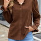 Coffee Solid Color Ruffle Trim V Neck Long Sleeve Button Corduroy Shakcet