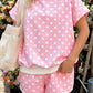 Green Polka Dot Print Color Block Trim Mock Neck Short Set